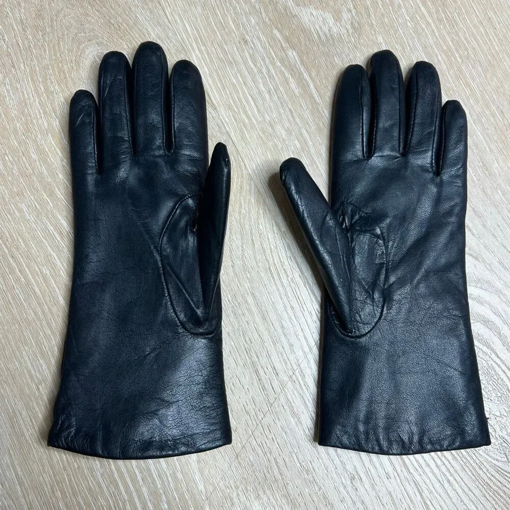 Vintage, Black Genuine Leather Gloves Lux Faux Fur Lined Interior, Women’s Small